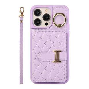 For iPhone 14 Pro Horizontal Card Bag Ring Holder Phone Case with Dual Lanyard(Purple)