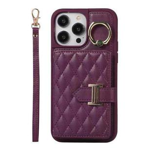 For iPhone 14 Pro Max Horizontal Card Bag Ring Holder Phone Case with Dual Lanyard(Dark Purple)