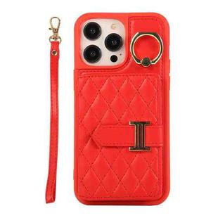 For iPhone 14 Pro Max Horizontal Card Bag Ring Holder Phone Case with Dual Lanyard(Red)