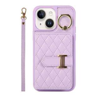 For iPhone 13 Horizontal Card Bag Ring Holder Phone Case with Dual Lanyard(Purple)