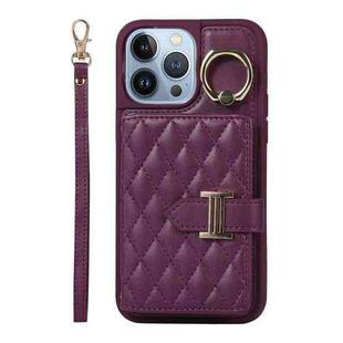 For iPhone 13 Pro Horizontal Card Bag Ring Holder Phone Case with Dual Lanyard(Dark Purple)