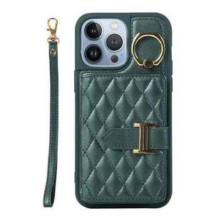 For iPhone 13 Pro Horizontal Card Bag Ring Holder Phone Case with Dual Lanyard(Dark Green)