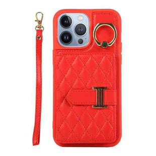 For iPhone 13 Pro Horizontal Card Bag Ring Holder Phone Case with Dual Lanyard(Red)