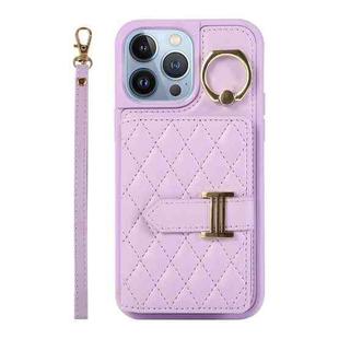 For iPhone 13 Pro Horizontal Card Bag Ring Holder Phone Case with Dual Lanyard(Purple)