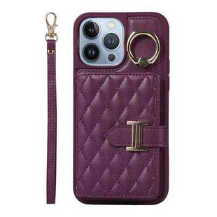 For iPhone 13 Pro Max Horizontal Card Bag Ring Holder Phone Case with Dual Lanyard(Dark Purple)