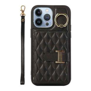 For iPhone 13 Pro Max Horizontal Card Bag Ring Holder Phone Case with Dual Lanyard(Black)