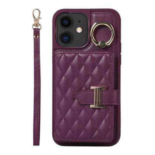 For iPhone 12 Horizontal Card Bag Ring Holder Phone Case with Dual Lanyard(Dark Purple)