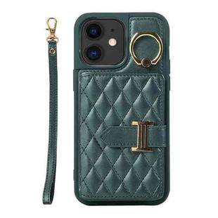 For iPhone 12 Horizontal Card Bag Ring Holder Phone Case with Dual Lanyard(Dark Green)