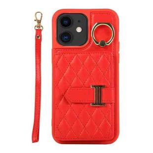 For iPhone 12 Horizontal Card Bag Ring Holder Phone Case with Dual Lanyard(Red)