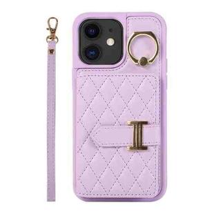 For iPhone 12 Horizontal Card Bag Ring Holder Phone Case with Dual Lanyard(Purple)