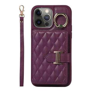For iPhone 12 Pro Horizontal Card Bag Ring Holder Phone Case with Dual Lanyard(Dark Purple)