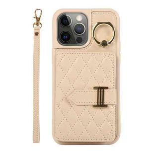 For iPhone 12 Pro Horizontal Card Bag Ring Holder Phone Case with Dual Lanyard(Beige)