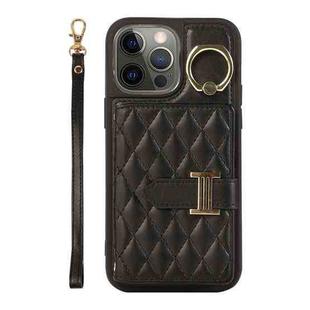 For iPhone 12 Pro Horizontal Card Bag Ring Holder Phone Case with Dual Lanyard(Black)