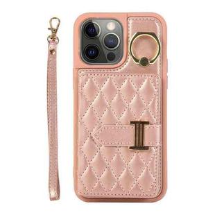 For iPhone 12 Pro Horizontal Card Bag Ring Holder Phone Case with Dual Lanyard(Rose Gold)