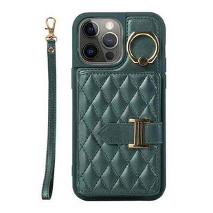 For iPhone 12 Pro Max Horizontal Card Bag Ring Holder Phone Case with Dual Lanyard(Dark Green)