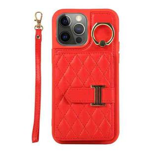 For iPhone 12 Pro Max Horizontal Card Bag Ring Holder Phone Case with Dual Lanyard(Red)