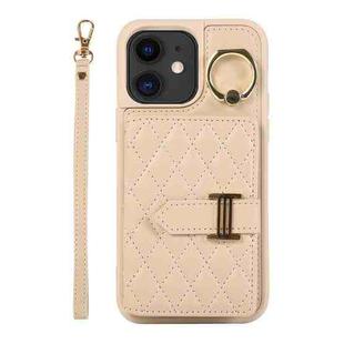For iPhone 11 Horizontal Card Bag Ring Holder Phone Case with Dual Lanyard(Beige)
