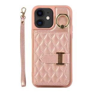 For iPhone 11 Horizontal Card Bag Ring Holder Phone Case with Dual Lanyard(Rose Gold)