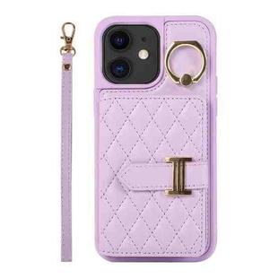 For iPhone 11 Horizontal Card Bag Ring Holder Phone Case with Dual Lanyard(Purple)