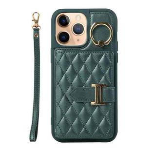 For iPhone 11 Pro Horizontal Card Bag Ring Holder Phone Case with Dual Lanyard(Dark Green)