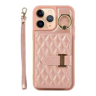 For iPhone 11 Pro Horizontal Card Bag Ring Holder Phone Case with Dual Lanyard(Rose Gold)