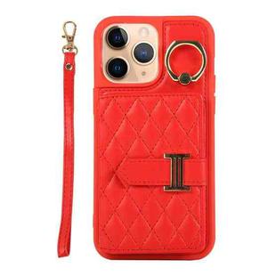 For iPhone 11 Pro Max Horizontal Card Bag Ring Holder Phone Case with Dual Lanyard(Red)
