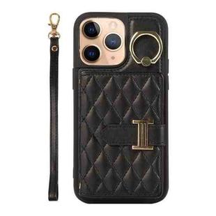 For iPhone 11 Pro Max Horizontal Card Bag Ring Holder Phone Case with Dual Lanyard(Black)