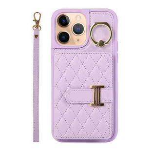 For iPhone 11 Pro Max Horizontal Card Bag Ring Holder Phone Case with Dual Lanyard(Purple)