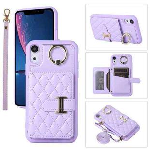 For iPhone XR Horizontal Card Bag Ring Holder Phone Case with Dual Lanyard(Dark Purple)