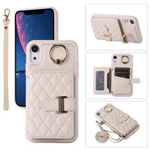 For iPhone XR Horizontal Card Bag Ring Holder Phone Case with Dual Lanyard(Beige)