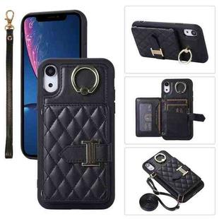 For iPhone XR Horizontal Card Bag Ring Holder Phone Case with Dual Lanyard(Black)