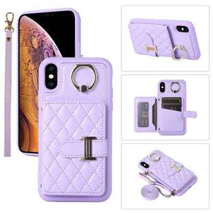 For iPhone XS Max Horizontal Card Bag Ring Holder Phone Case with Dual Lanyard(Dark Purple)