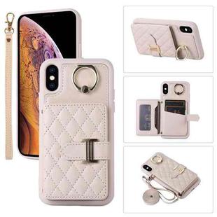 For iPhone XS Max Horizontal Card Bag Ring Holder Phone Case with Dual Lanyard(Beige)
