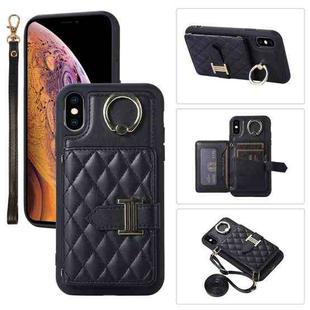 For iPhone XS Max Horizontal Card Bag Ring Holder Phone Case with Dual Lanyard(Black)