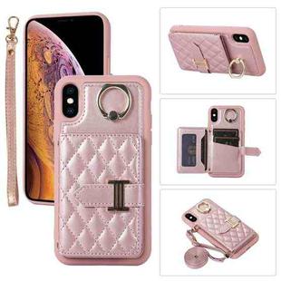 For iPhone XS Max Horizontal Card Bag Ring Holder Phone Case with Dual Lanyard(Rose Gold)