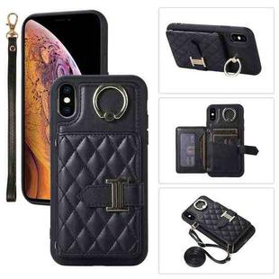 For iPhone X / XS Horizontal Card Bag Ring Holder Phone Case with Dual Lanyard(Black)