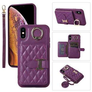 For iPhone X / XS Horizontal Card Bag Ring Holder Phone Case with Dual Lanyard(Purple)