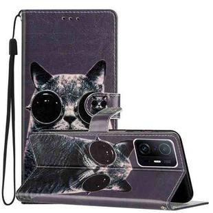 For Xiaomi Mi 11T / Mi 11T Pro Colored Drawing Leather Phone Case(Sunglasses Cat)