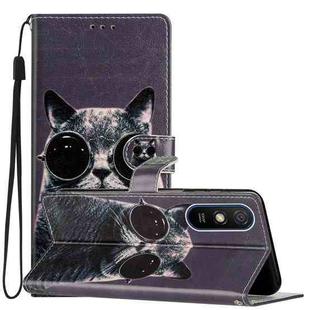 For Xiaomi Redmi 9A Colored Drawing Leather Phone Case(Sunglasses Cat)