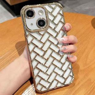 For iPhone 14 Plus Woven Grid 3D Electroplating Laser Engraving Phone Case(Gold)