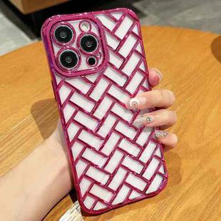 For iPhone 14 Pro Woven Grid 3D Electroplating Laser Engraving Phone Case(Rose Red)