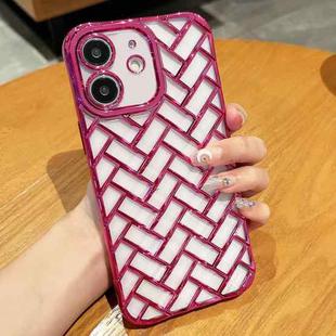 For iPhone 12 Woven Grid 3D Electroplating Laser Engraving Phone Case(Rose Red)