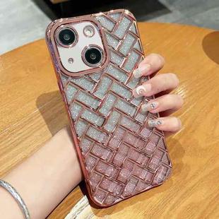 For iPhone 14 Plus Woven Grid 3D Electroplating Laser Engraving Glitter Paper Phone Case(Rose Gold)
