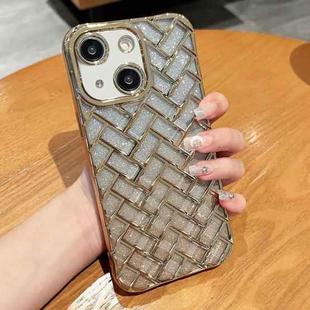 For iPhone 14 Plus Woven Grid 3D Electroplating Laser Engraving Glitter Paper Phone Case(Gold)