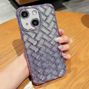 For iPhone 14 Plus Woven Grid 3D Electroplating Laser Engraving Glitter Paper Phone Case(Purple)