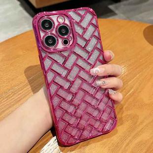 For iPhone 12 Pro Woven Grid 3D Electroplating Laser Engraving Glitter Paper Phone Case(Rose Red)