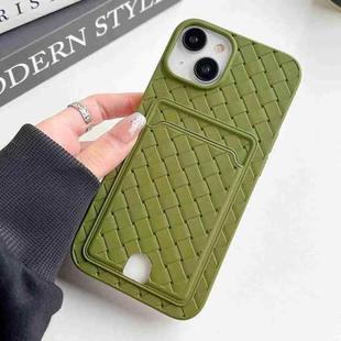 For iPhone 14 Plus Weave Texture Card Slot Skin Feel Phone Case with Push Card Hole(Olive Green)