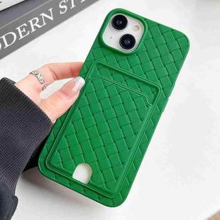 For iPhone 14 Plus Weave Texture Card Slot Skin Feel Phone Case with Push Card Hole(Green)