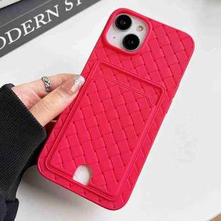 For iPhone 14 Weave Texture Card Slot Skin Feel Phone Case with Push Card Hole(Rose Red)