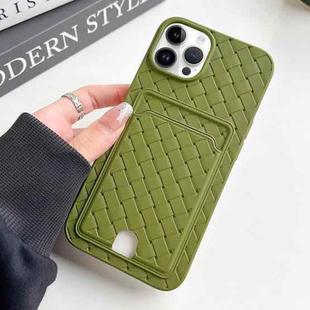 For iPhone 14 Pro Max Weave Texture Card Slot Skin Feel Phone Case with Push Card Hole(Olive Green)